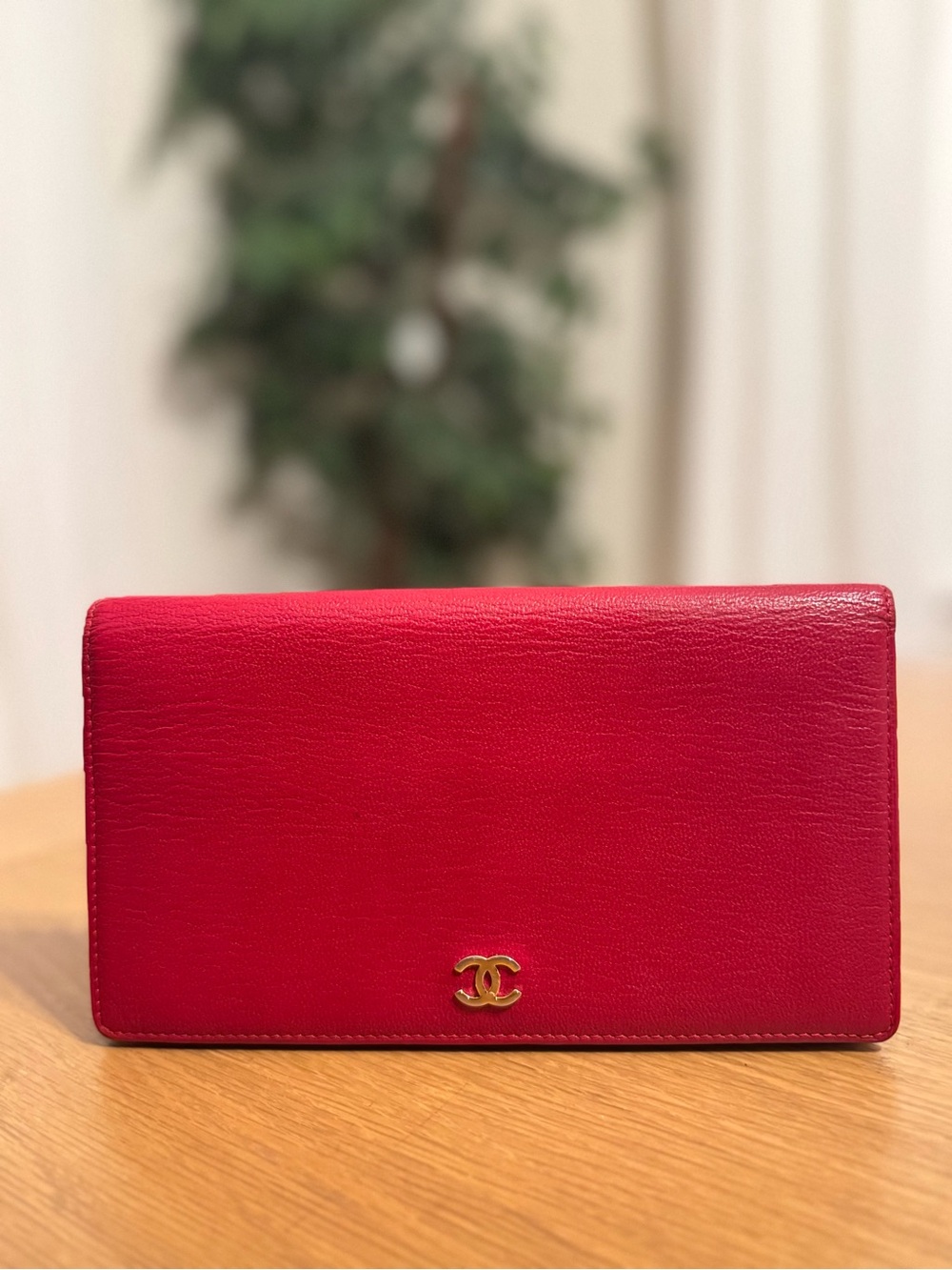 Chanel Red Leather long Wallet Gold CC Logo